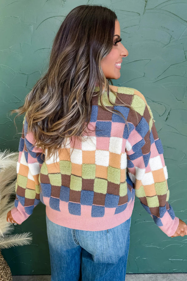 Multicolour Checkered Pattern Button Front Knit Cardigan