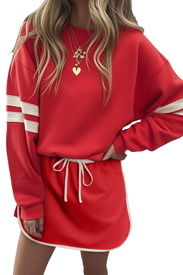 Fiery Red Varsity Stripe Detail Drop Shoulder Pullover Mini Skirt Set