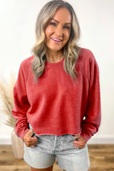 Racing Red Solid Color Raglan Sleeve Pullover Sweatshirt
