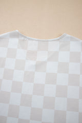 Beige Checkered V Neck Tee and Drawstring Shorts Pajama Set