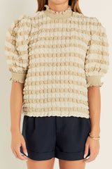 Beige Textured Frill Trim Smocked Puff Sleeve T Shirt