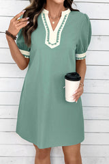 Light Pink Scallop Color Block Trim Puff Sleeve Mini Dress