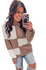 Dark Khaki Colorblock Checkered Raw Seamed Pullover