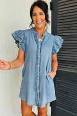 Red Sandalwood Frilled Detail Button Down Ruffle Short Sleeve Denim Mini Dress