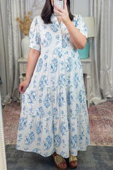 Sky Blue Plus Size Geometric Floral Print Button Split Neck Short Sleeve Maxi Dress