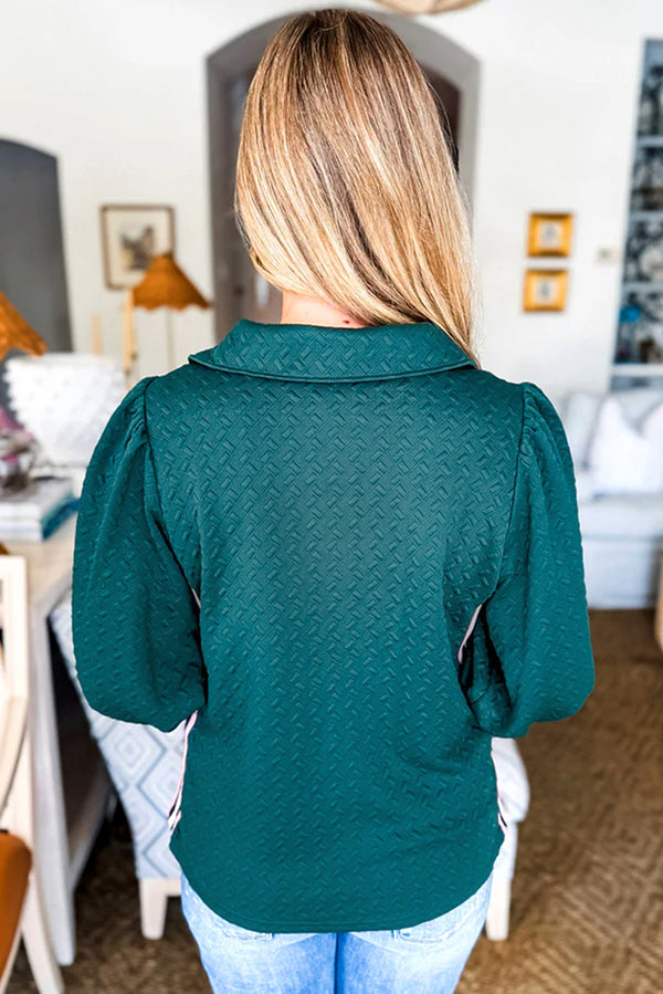 Blackish Green Textured V Neck Colorblock Cuffs Sweatshirt