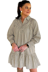 Black Striped Shirt Collar Ruffle Hem Long Sleeve Dress