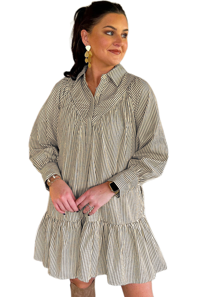 Black Striped Shirt Collar Ruffle Hem Long Sleeve Dress