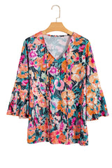 Black Floral 3/4 Flare Sleeve Tied V Neck Blouse