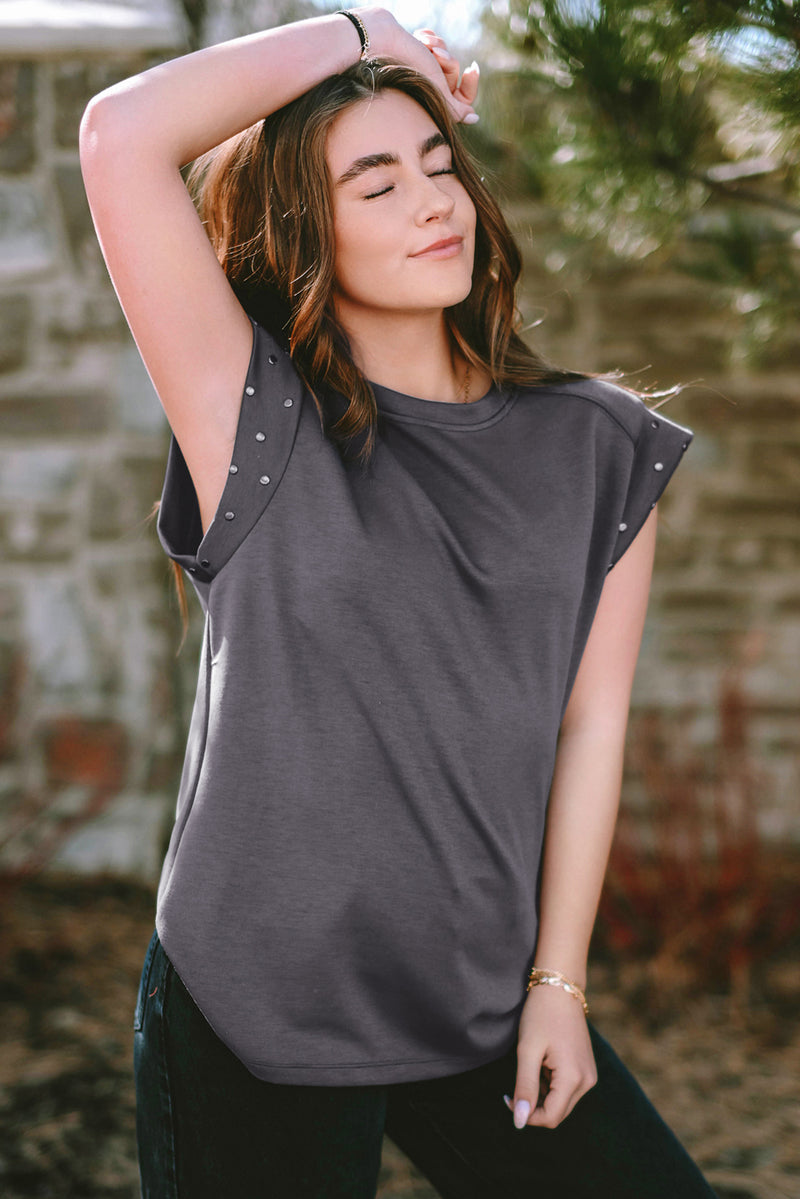 Black Casual Rivet Round Neck T Shirt