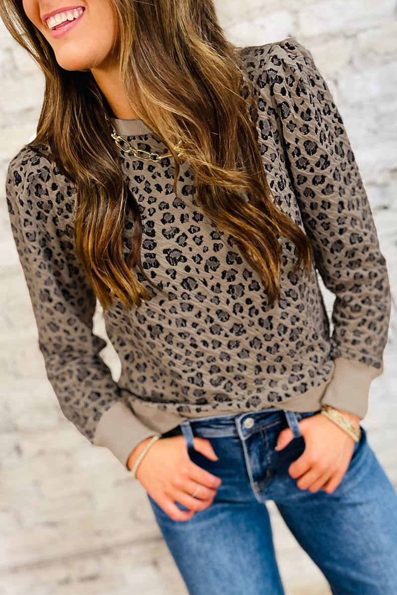 Khaki Ribbed Trim Leopard Print Long Sleeve Top