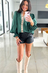 Evergreen Puffy Flounce Sleeve Leopard Trim V Neck Blouse