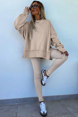 Orchid Mist Solid Color Oversized Slit Sweatshirt Ribbed Leggings Set
