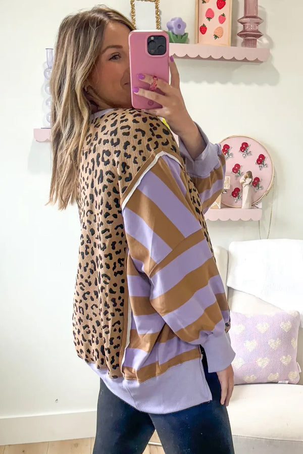 Purple Striped Leopard Colorblock Side Slits Sweatshirt