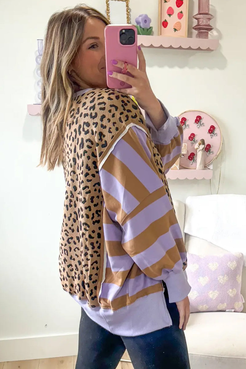Purple Striped Leopard Colorblock Side Slits Sweatshirt