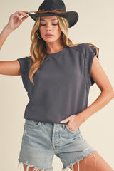 Black Casual Rivet Round Neck T Shirt