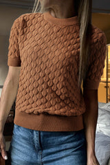 White Fish Scale Textured Knit Ribbed High Neck Short Sleeve Sweater