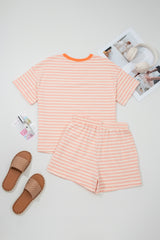 Sky Blue Stripe Contrast Neck Loose Tee and Drawstring Shorts Set
