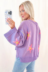 Lavendula Brushed Star Graphic V Neck Drop Shoulder Oversize Sweater