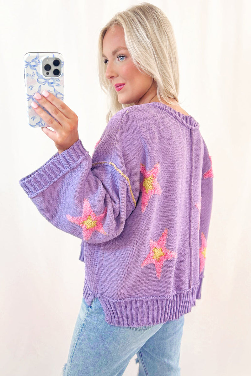 Lavendula Brushed Star Graphic V Neck Drop Shoulder Oversize Sweater