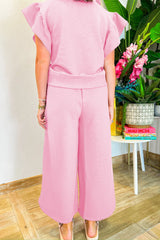 Black Textured Ruffle Sleeve Zipped Top and Wide Leg Pants Set