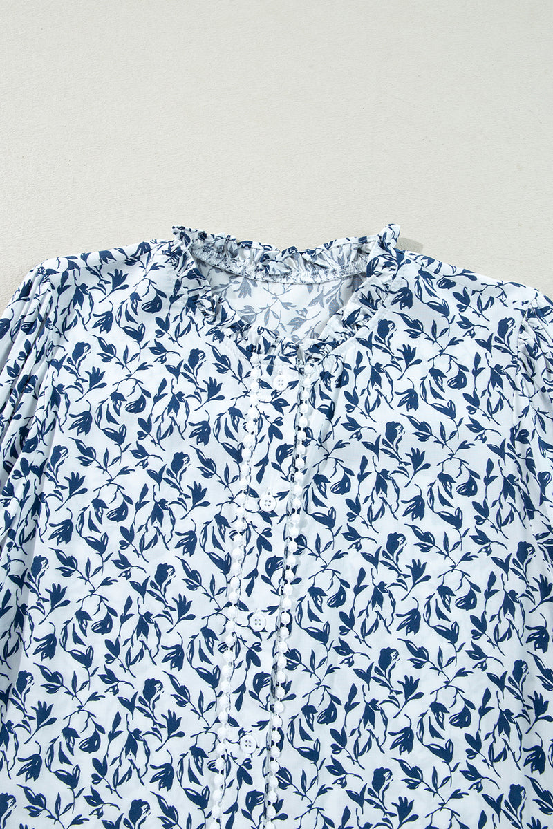 Khaki Printed Floral Print Lace Detail Puff Sleeve Fall Shirt
