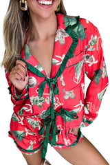 Red Christmas Print Contrast Frill Trim Ribbon Bow Pajama Set