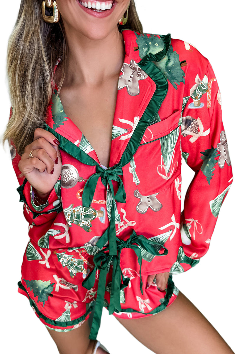 Red Christmas Print Contrast Frill Trim Ribbon Bow Pajama Set