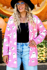 Black Halloween Plaid Ghost Pattern Mid length Knitted Cardigan