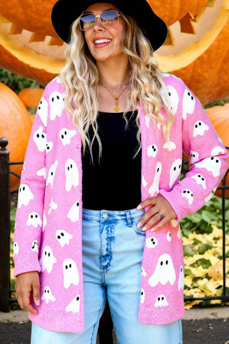 Black Halloween Plaid Ghost Pattern Mid length Knitted Cardigan