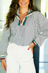 Dark Grey Stripe Pop Of Color Neckline Blouse