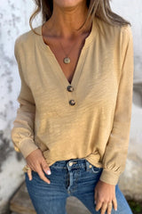 Mist Green Casual Button V Neck Long Sleeve T-Shirt