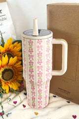 White Bow and Flower Striped 40oz Tumbler Cup