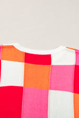Fiery Red Checkered Color Block Cap Sleeve Knitted Top