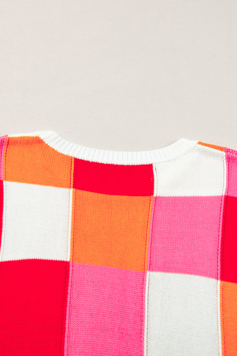 Fiery Red Checkered Color Block Cap Sleeve Knitted Top