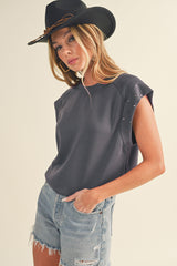 Black Casual Rivet Round Neck T Shirt