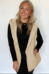 Pale Khaki Quilted Padded Casual Winter Jacket Vest with Fleece Lining