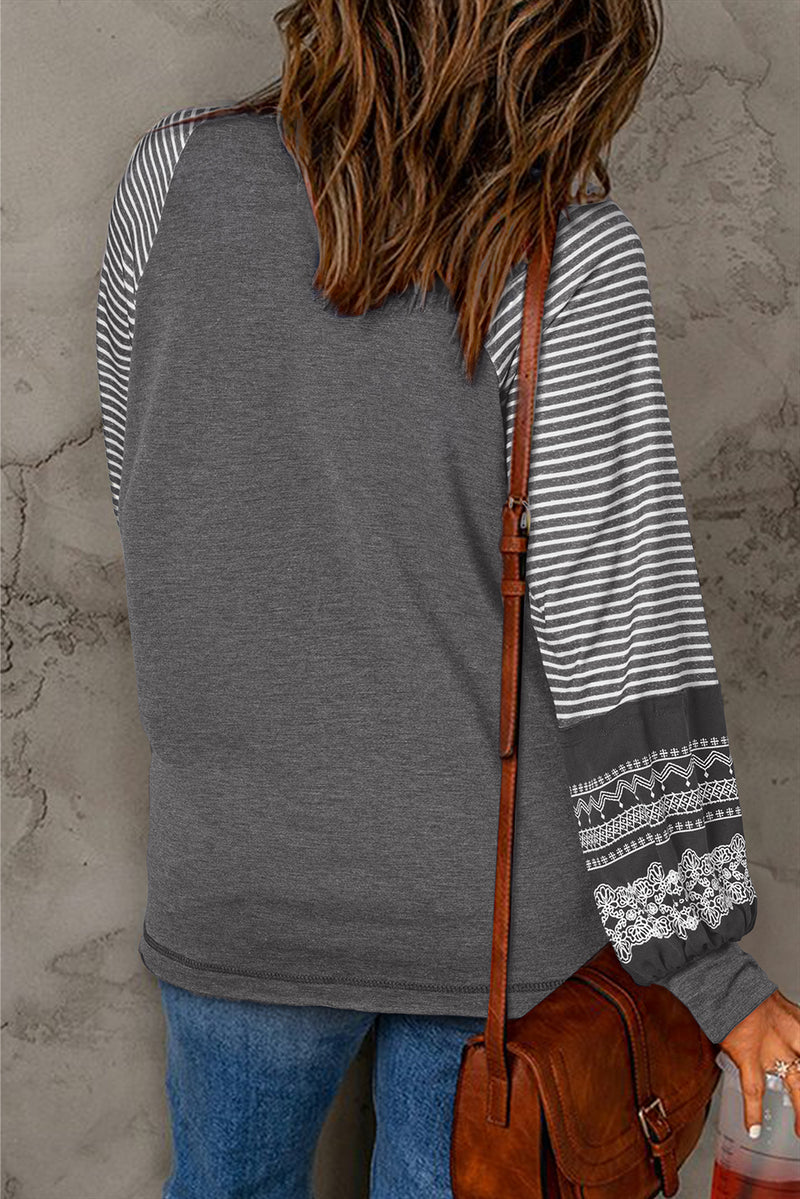 Tillandsia Purple Contrast Print Striped Raglan Long Sleeve Loose Top