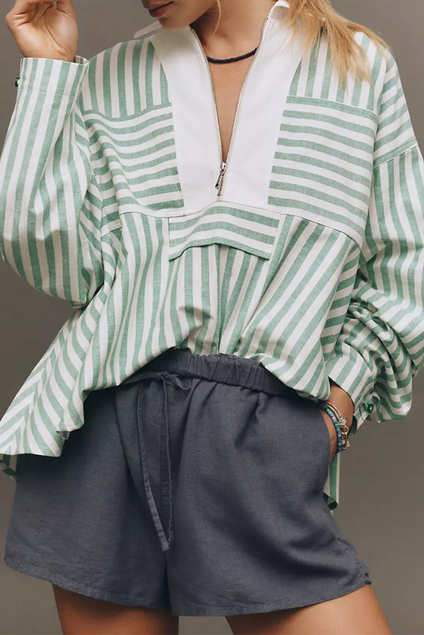 Green Striped Zipper Collar Long Sleeve Top