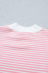 Sky Blue Stripe Cuffed Sleeve Contrast Mock Neck Tee Casual 2pcs Short Set