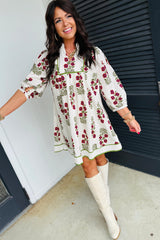 White Frilled V Neck 3/4 Sleeve Loose Floral Dress