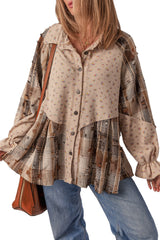 Mist Green Boho Floral Plaid Patchwork Waffle Knit Distressed Jacket