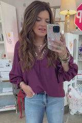 Violet Leopard Trim Notched Neck Bubble Sleeve Blouse