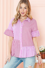 Pink Striped Patchwork Ruffle Button Up Shirt