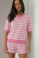 Red Stripe Puff Short Sleeve T Shirt Matching Shorts Set