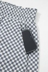 Gray Checkerboard Print Drawstring Elastic Waist Pocketed Shorts