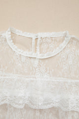 White 2pcs Sheer Floral Lace Ruffle Tiered Patchwork Blouse
