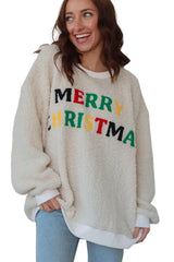 White MERRY CHRISTMAS Cozy Sherpa Pullover Sweatshirt