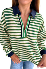 Racing Red Pop of Color V Neck Striped Long Sleeve Top