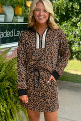 Khaki Leopard Print Quarter Zip Long Sleeve Top Mini Skirt Set